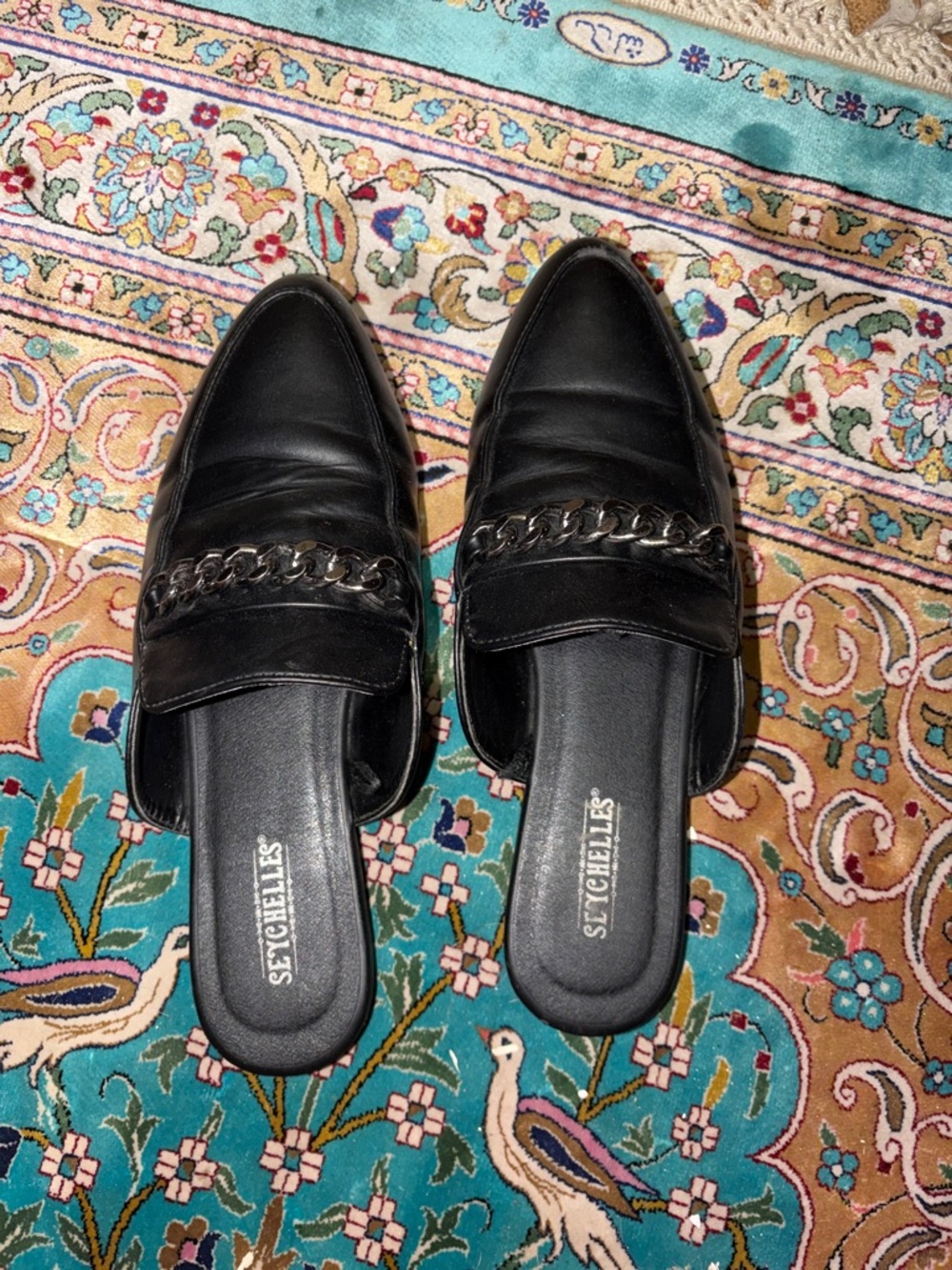 Seychelles Black Leather Chain-Trim Slip-On Mules